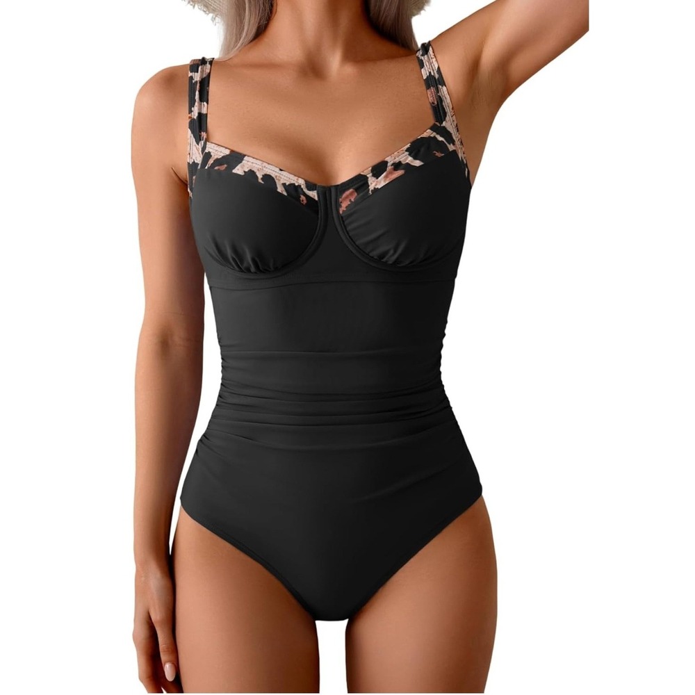 B2PRITY‎ One Piece Swimsuit Womens M Black Leopard Ruched Underwire Chic 419 NWT